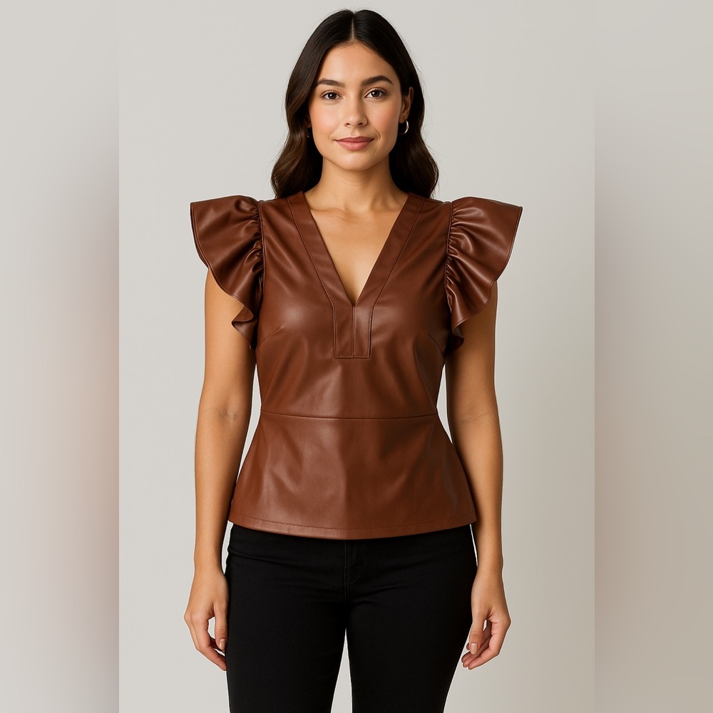 INC‎ international concepts faux leather brown ruffle sleeve XS